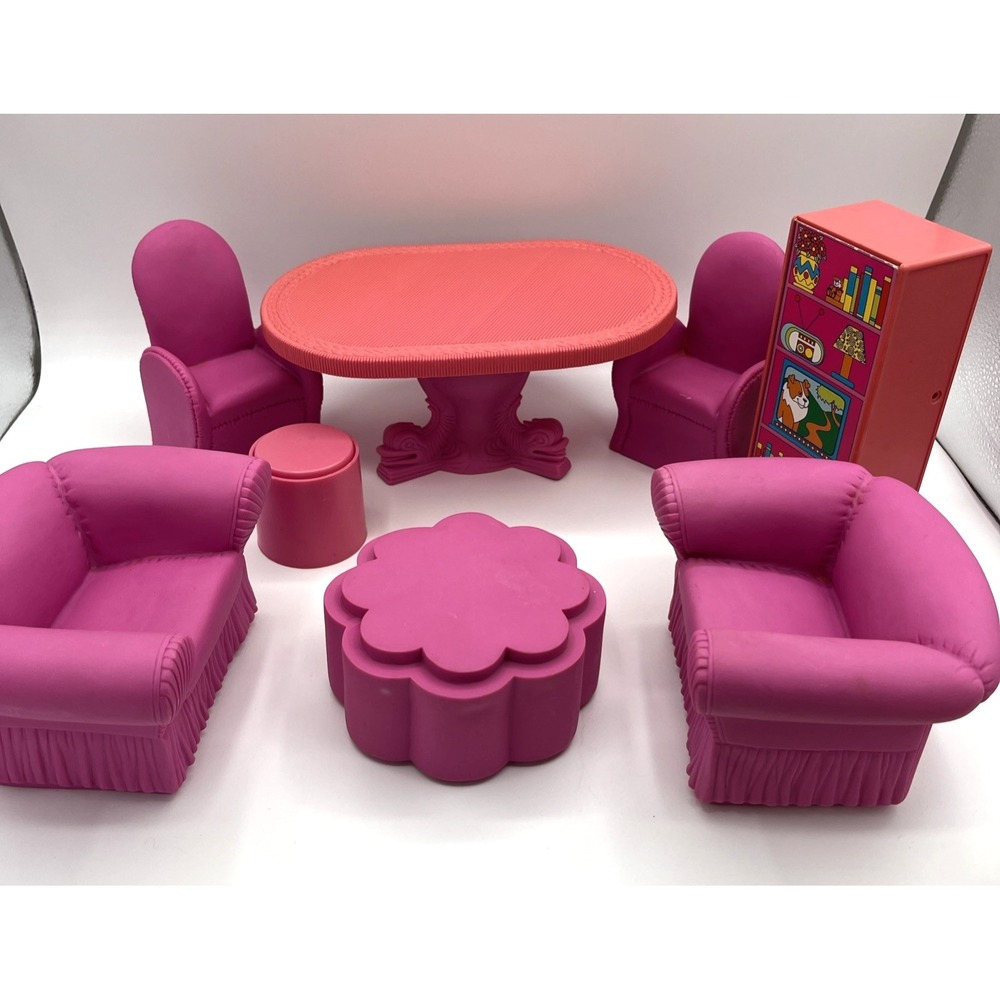 Vintage 1990s Multi Toys Corp Pink Doll Furniture Set Sofa Chairs Table Barbie H